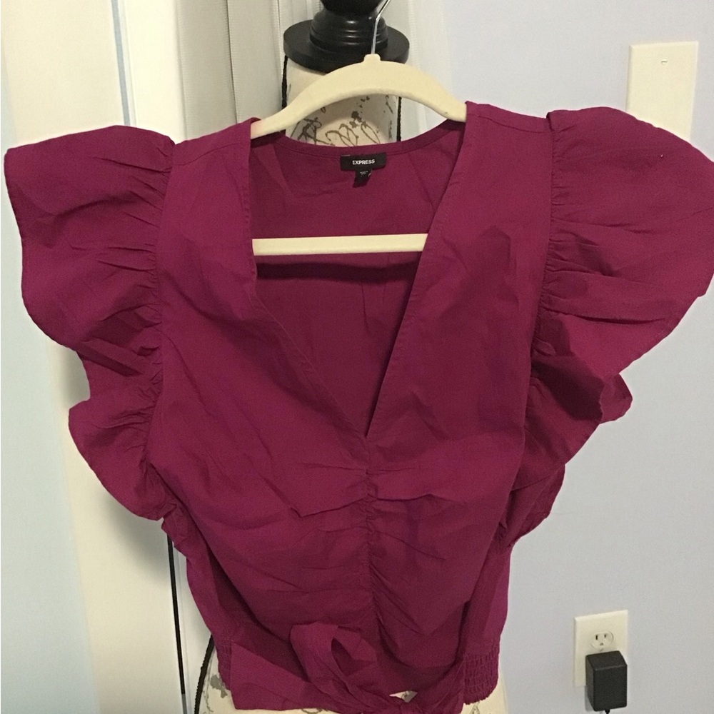 Express Magenta Puff Sleeve Ruched Front Blouse